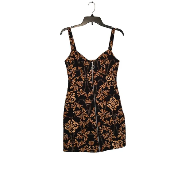 Topshop Printed Denim Zip front Dress black gold chain print size 4 - Picture 2 of 6